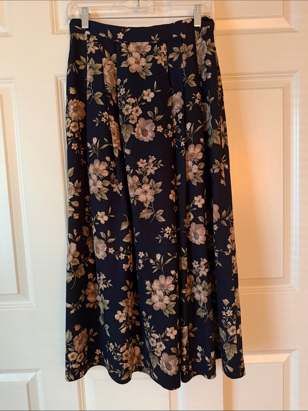 Talbots Silk Navy Maxi Skirt with Beige and Olive Floral Print